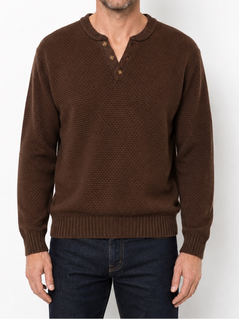 Vintage Woolrich Mens M Dark Mustang Brown Ramie Cotton Henley Sweater Knit